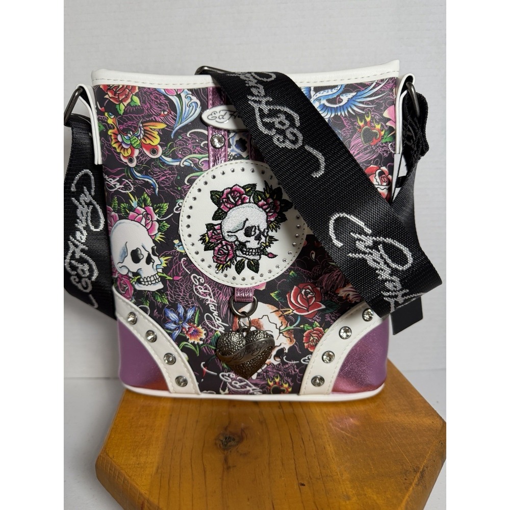 Ed Hardy Skull Roses Crossbody Bag Vegan Materials Rhinestones NWT